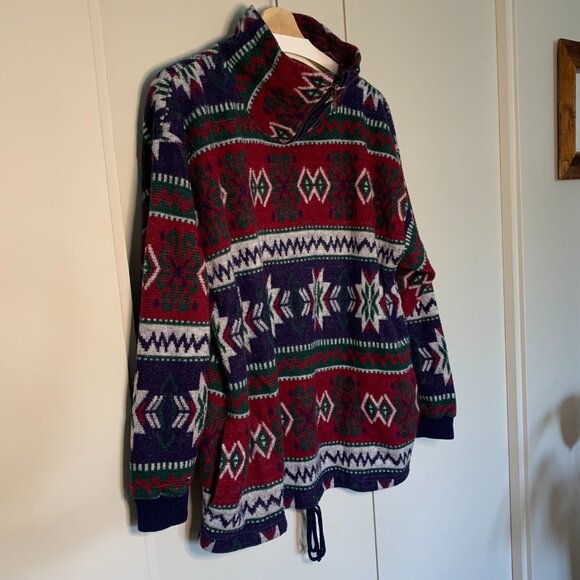 90s Vintage Bruttini Uomo Men's Geometric Mock Neck 3/4 Zip Fleece Sz Large - Picture 5 of 17